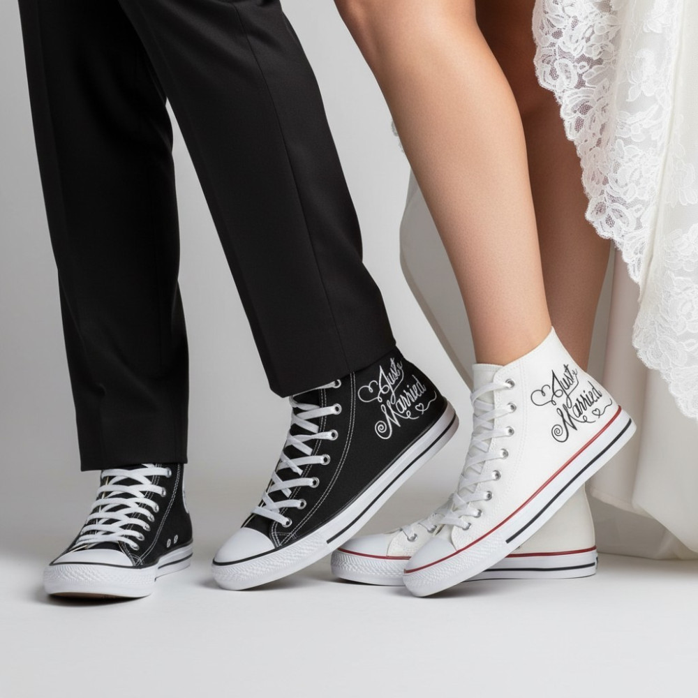 Pachet de teniși de nuntă pictați manual – Just Married Tall
